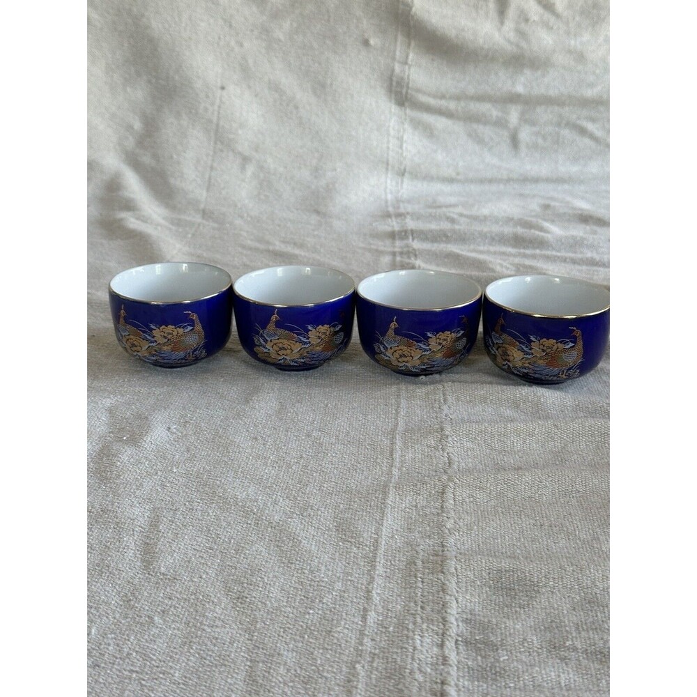 VTG Cobalt blue Sake cup Hot tea Pheasants Floral Gold Trim Set of 4
